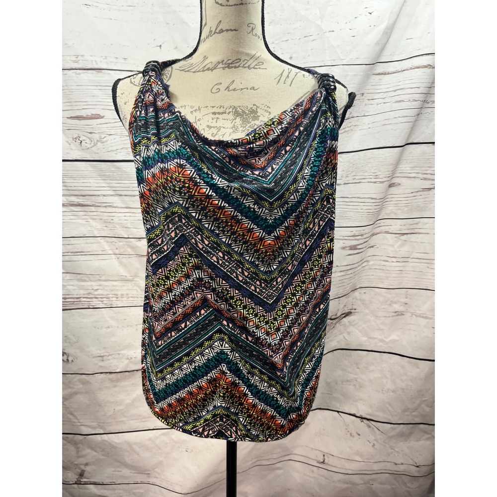 August‎ Silk Womens Medium Multi-Color Geometric Chevron Cowl Neck Tank Top
